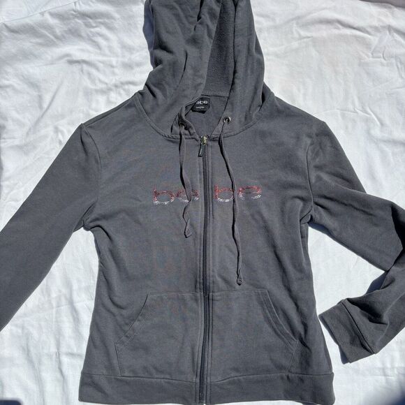 Bebe‎ Zip Up Hoodie Size Small Grey and Pink WIth Pockets Y2K Brat - Picture 1 of 3